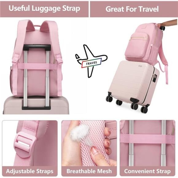 Pink Laptop Backpack Women Bookbag - 15.6 inch Computer Backpacks Purse Travel - Picture 5 of 7